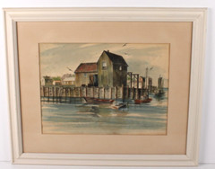 New England Boat Dock Coastal Watercolor Painting Signed Piersol 55
