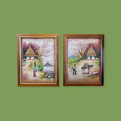 SET VTG HAND PAINTED OIL CANVAS WALL TAPESTRY PAINTING SET MCM COUNTRY FOLK ART