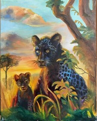 Panther and Cub, Original PAINTING OIL,16×20 inch, Wall Art Decor Authors Signed