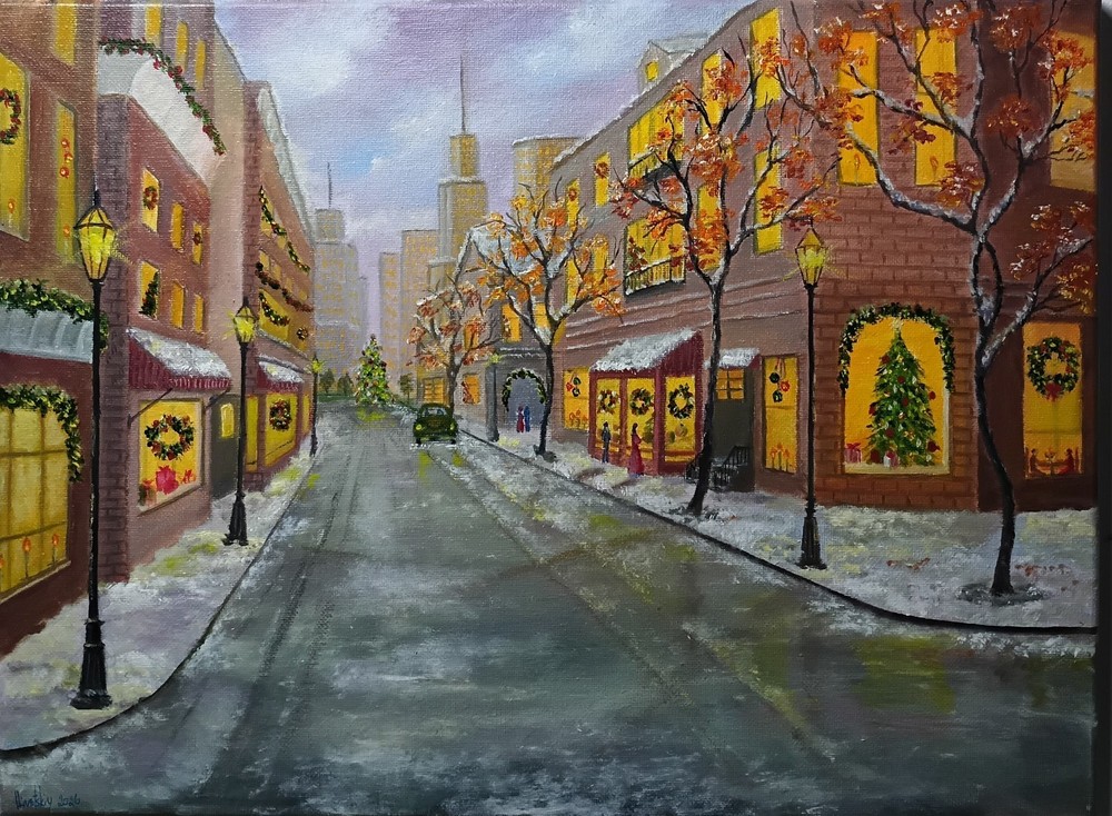 Art 12″/12″ First snow In the City stretched canvas Original Oil Painting
