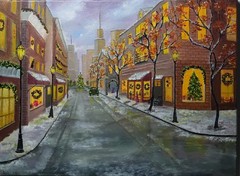 Art 12″/12″ First snow In the City stretched canvas Original Oil Painting