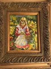 Antique Painting Girl with Basket Signed
