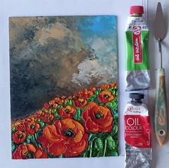 Framed Red Poppy Field Stormy Cloudy Sky Landscape 6×8” Oil Painting Original