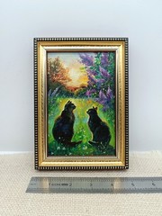 Black Cats Original Oil Painting 4×6 Framed Signed Lilac Garden Landscape Art
