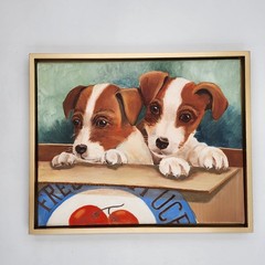 Jack Russell Terrier Puppies in Box Original Oil Painting 16×20 Canvas Dog Decor