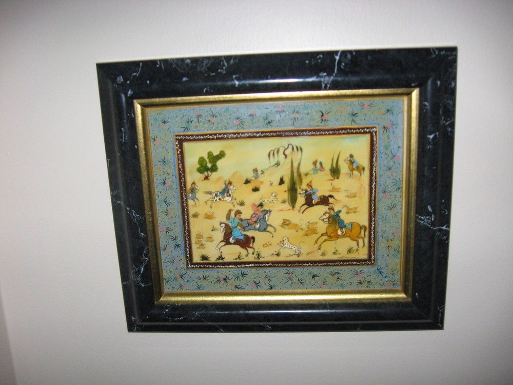 Vintage Framed Persian Miniature Painting Men on Horseback 13 X11