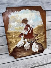 Vintage Primitive Folk Art Painting – Signed Girl Goose On Wood Board Wall Decor