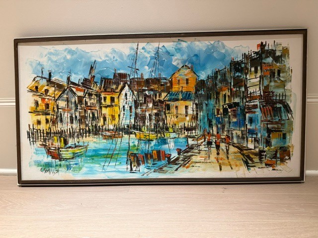 Oil Painting on Canvas of Hong Kong Harbor. Mod-Century. Signed by Chan, T.