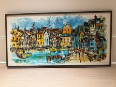 Oil Painting on Canvas of Hong Kong Harbor. Mod-Century. Signed by Chan, T.