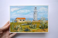 Lighthouse by the Sea Oil Painting Original Maritime Coastal Decor Collectible