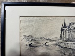 Dines Carlsen (1901 – 1966) „Palais de Justice From Pont Neuf“ Charcoal Drawing