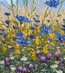 Summer ORIGINAL OIL PAINTING Village Landscape Field Wildflowers ART 5 x 7 in
