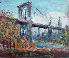 Brooklyn Bridge 10×12″ Painting cinematic view of New York City Autumn Cityscape