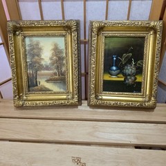 Pair Vtg Small Miniature Signed Art Oil Paintings on Board Framed Gold Ornate