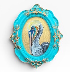 ORIGINAL Pelican mini painting • vintage style ornate frame • Bird Decor