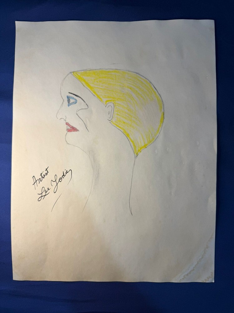 Lee Godie – painting drawing 12.5 x 9.8 in on old paper signed stamped