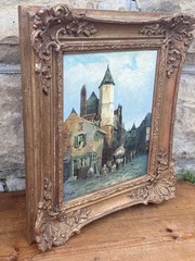 Antique European Village Street Scene Oil Painting on Canvas | Signed L. Hughes