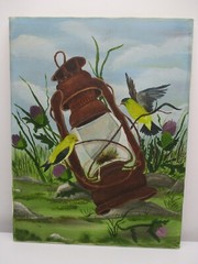 Original Oil Painting Yellow Birds (Goldfinch) With Lantern 18 1/4″ x 13 3/4″