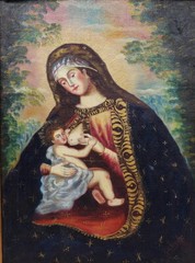 The Nursing Madonna Antique Framed Oil on Canvas. Signed. 20 1/4 X 15 1/2”