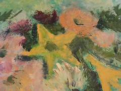 Original ROSE SUSLOVICH ART: ORANGE PURPLE FLOWERS, signed, 20X24″, on masonite
