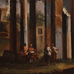 Capriccio landscape with architectures antique oil painting canvas 18th century
