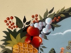 VINTAGE AMERICANA FOLK ART PAINTING VICTORIAN MANSION PINE CONE APPLE GRAPES ART
