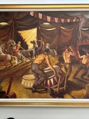 VINTAGE CIRCUS PAINTING WORKERS PERFORMERS 30 INCHES LISTED AMERICAN WPA STYLE