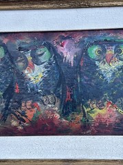 VINTAGE OWL PAINTING MYSTERY ARTIST EXPRESSIONISM MID CENTURY MODERN SIGNED