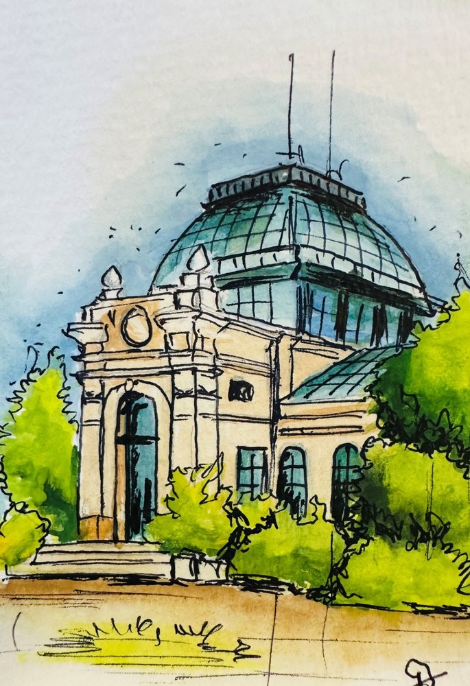 Observatory ACEO Original Watercolor Painting Architectural Sketch Cityscape Art