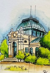 Observatory ACEO Original Watercolor Painting Architectural Sketch Cityscape Art