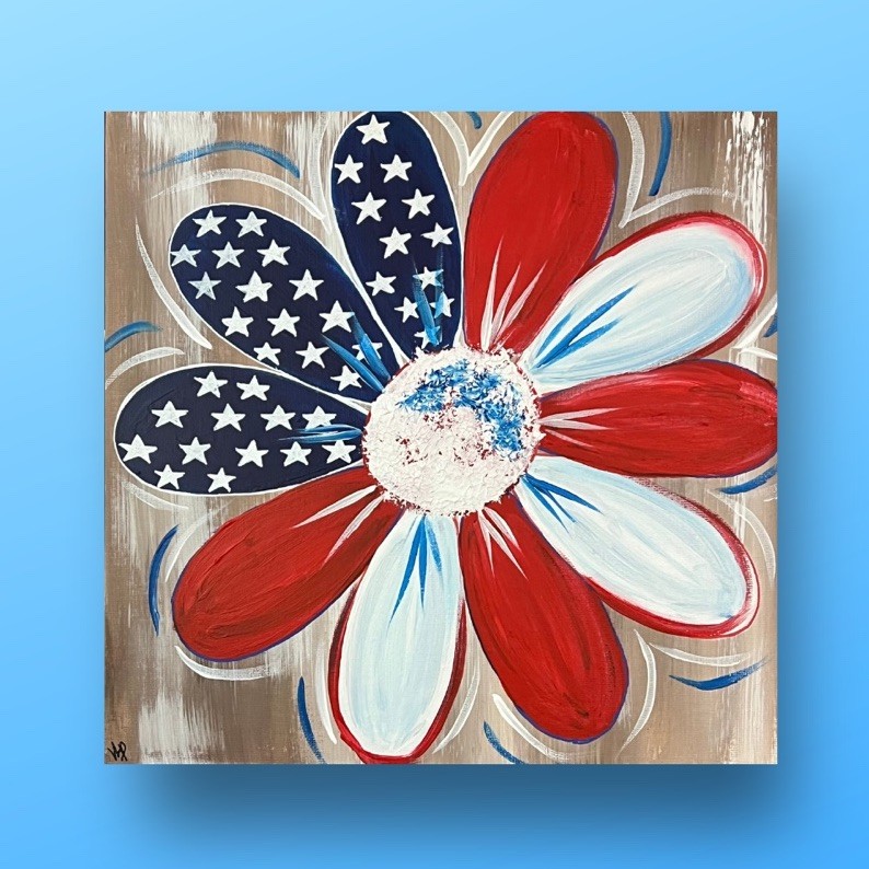 Hand Painted Patriotic USA Flower Acrylic 12×12” Canvas Panel Original