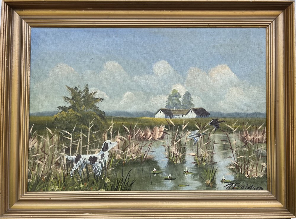Impresssionist Wide Summer Landscape With Lake Home Jagdhund Ducks Oil Painting