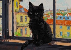 ACEO Mini Art Print Black Cat Kitten & Window View of Old European Town -Saulite