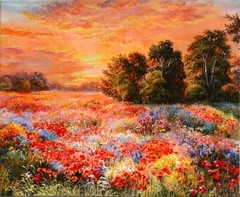 Landscape Oil Painting on canvas Poppies Summer Field flowers Home Decor signed