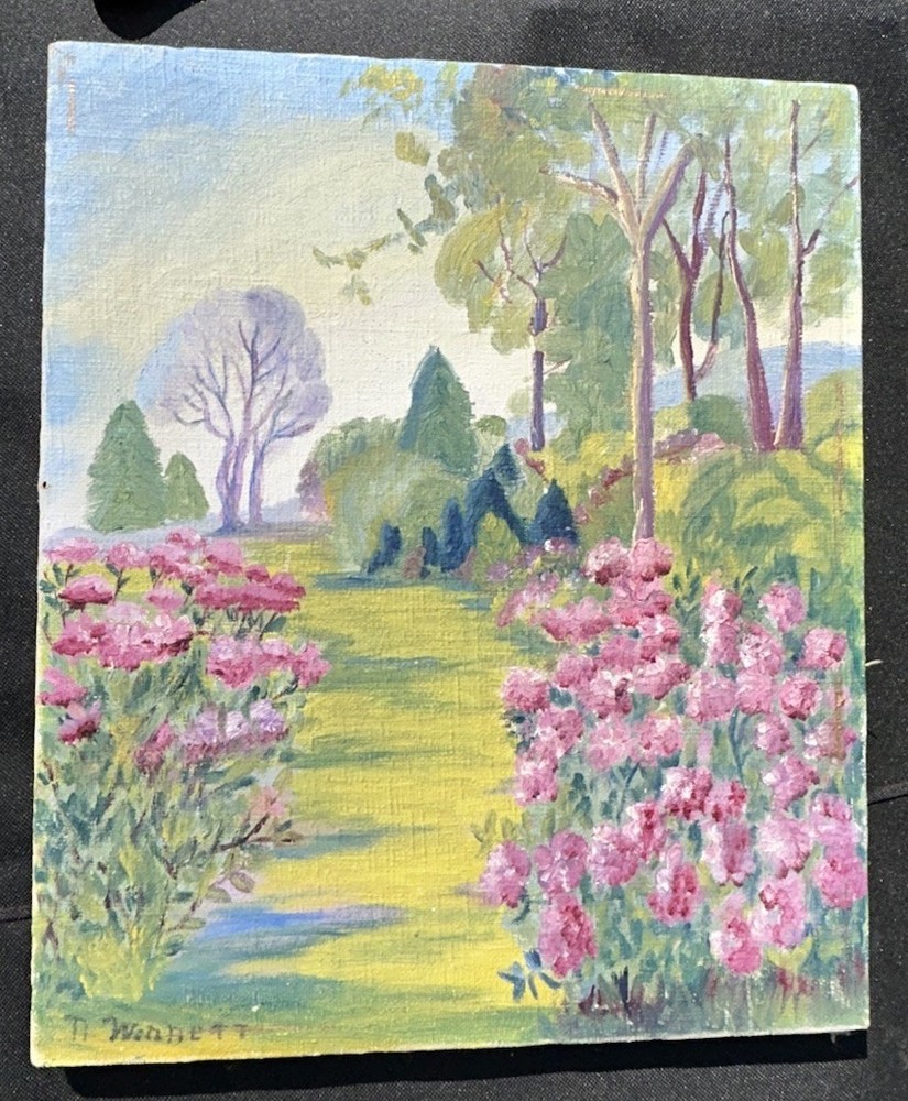 VTG Original Pink Flower GARDEN LANDSCAPE Linen Nailhead 10.75×12.75” Signed