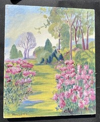 VTG Original Pink Flower GARDEN LANDSCAPE Linen Nailhead 10.75×12.75” Signed