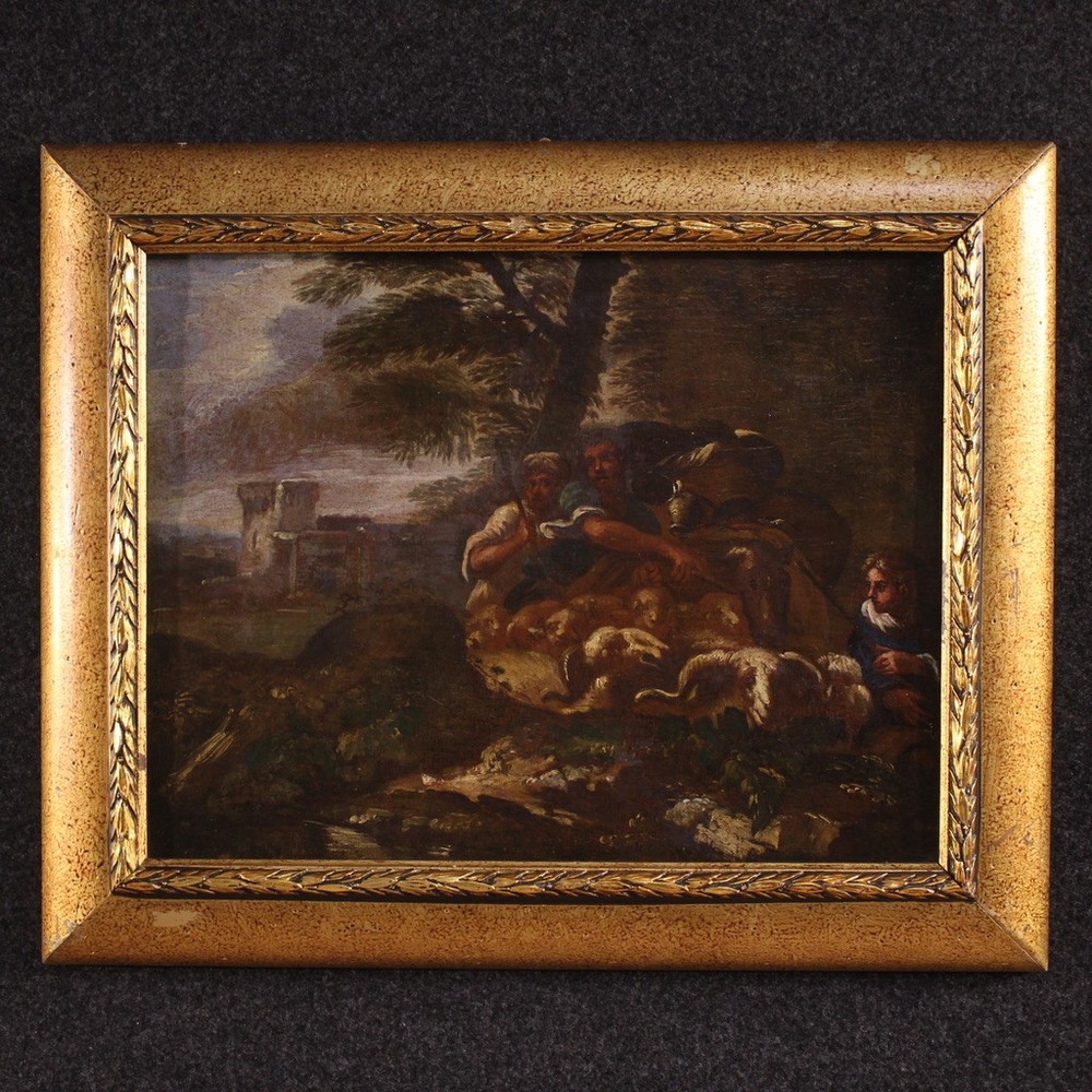 Antique pastoral landscape Italian art bucolic painting oil canvas 18th cent