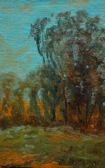 ORIGINAL OIL PAINTING TALL EUCALYPTUS TREES IN A VERY ARTS & CRAFTS LANDSCAPE