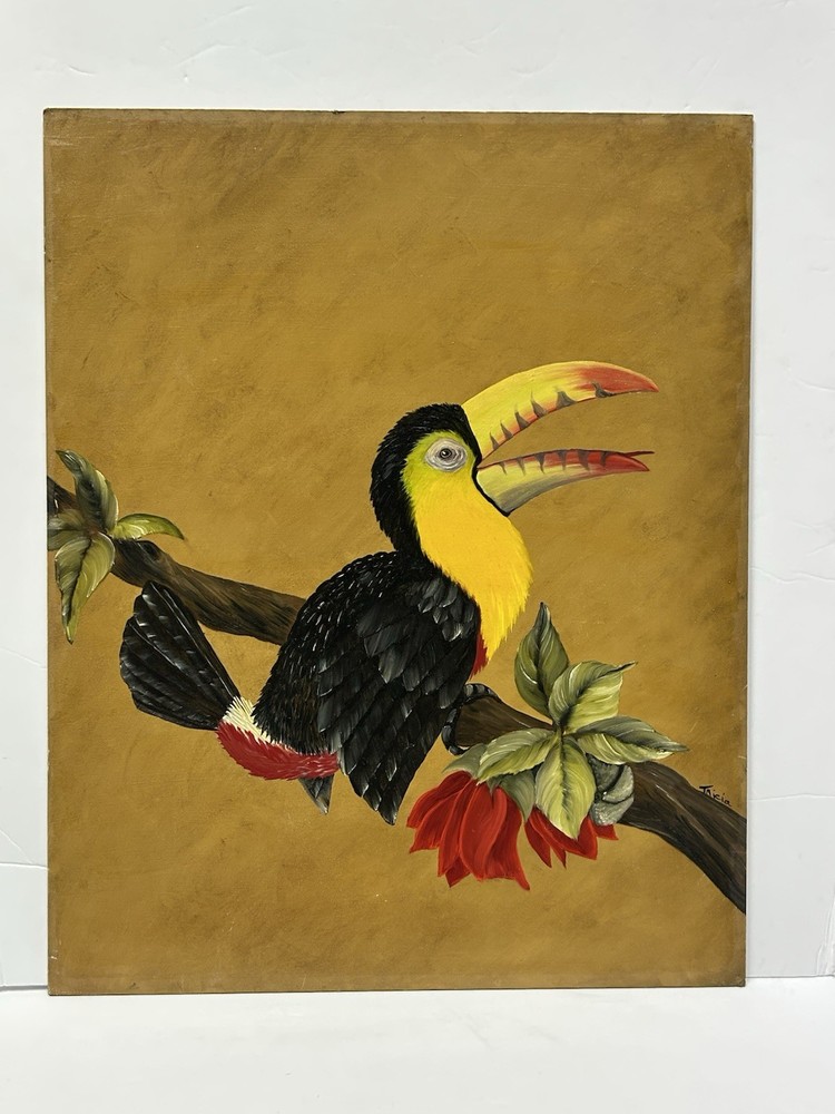 Original Oil Painting Exotic Jungle Toucan Bird On Tree Flowers Branch Signed