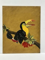 Original Oil Painting Exotic Jungle Toucan Bird On Tree Flowers Branch Signed