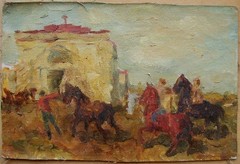 Ukrainian Soviet USSR oil Painting impressionism realism horse riders genre