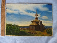 Oil painting on Canvas glued to plywood, Old wooden church near the lake,Ukraine