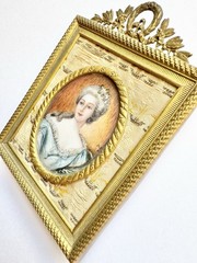 Rare 19th C. French Hand Painted Miniature Portrait Gold Gild & Tapestry Frame
