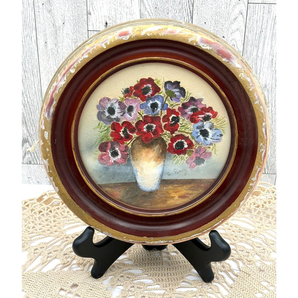 Antique Signed Watercolor 1940s Round Framed Glass Pansies in Vase Wall Hanging