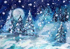 ACEO Original WINTER PAINTING Snow TREE Blue Moon Landscape Night Nature ATC ART