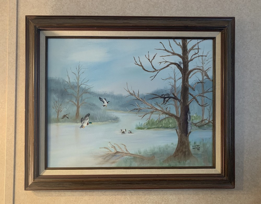Signed Landscape Wildlife Lake Scene Ducks Trees Outdoor Painting Canvas Orig