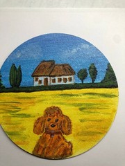 MINI ROUND CANVAS PAINTING ON 6 INCHES WOODBOARD DOG LANDSCAPE VILLAGE FARM