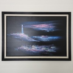 Morgan Vintage Original Oil Painting Lighthouse Moonlit Seascape Framed 41×29