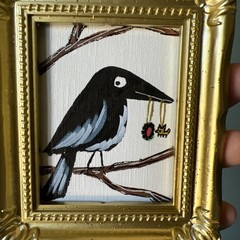 Magpie,bird,funny,cute,original,miniature Painting,small,mini,framed