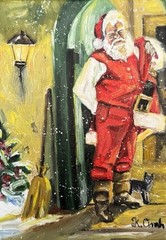 ORIGINAL OIL PAINTING SANTA CLAUSE CAT CHRISTMAS ON STRETCH CANVAS SIGNED 5×7